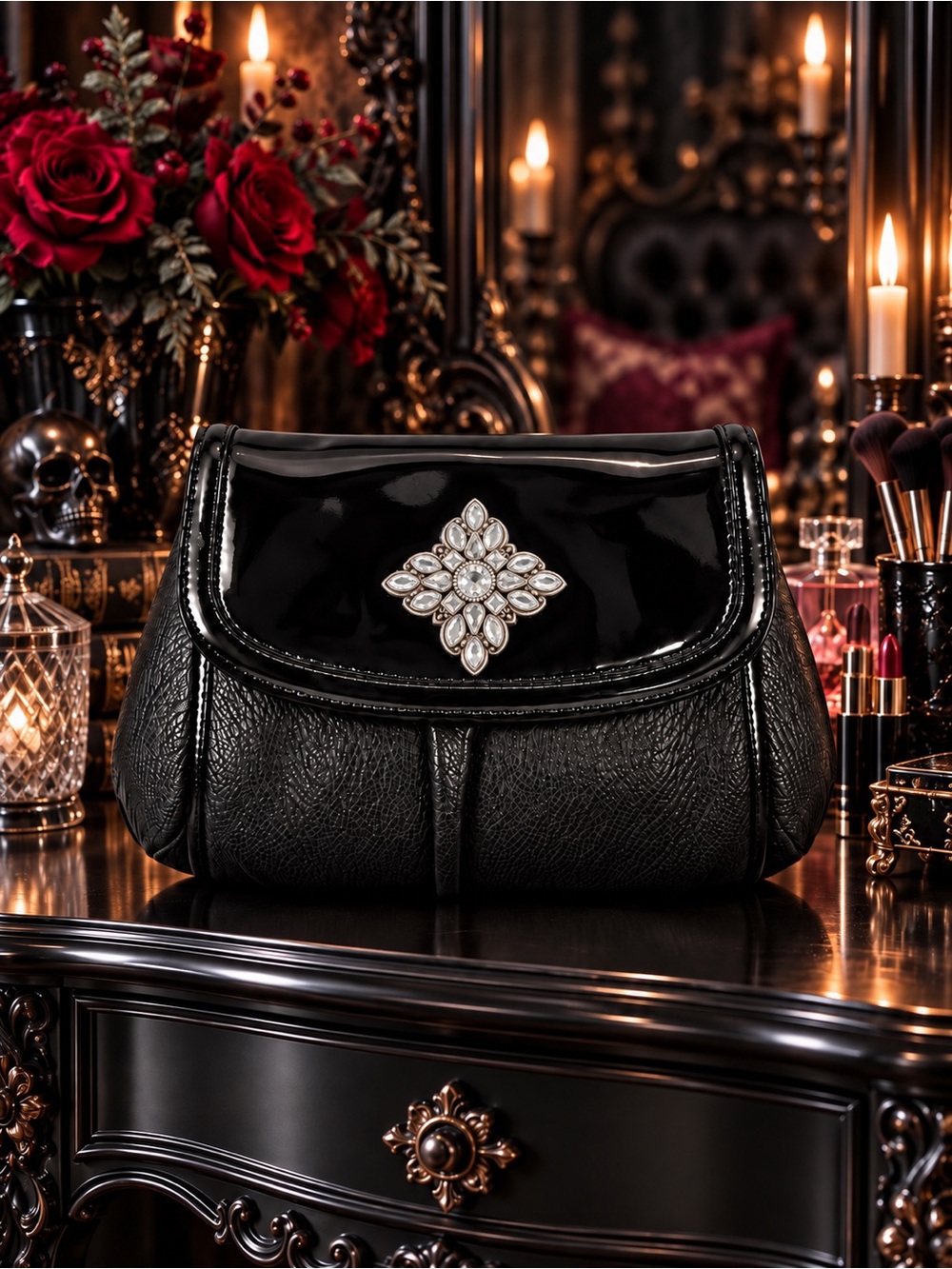 Brighton Black Leather Crystal Convertible Crossbody Clutch Bag.